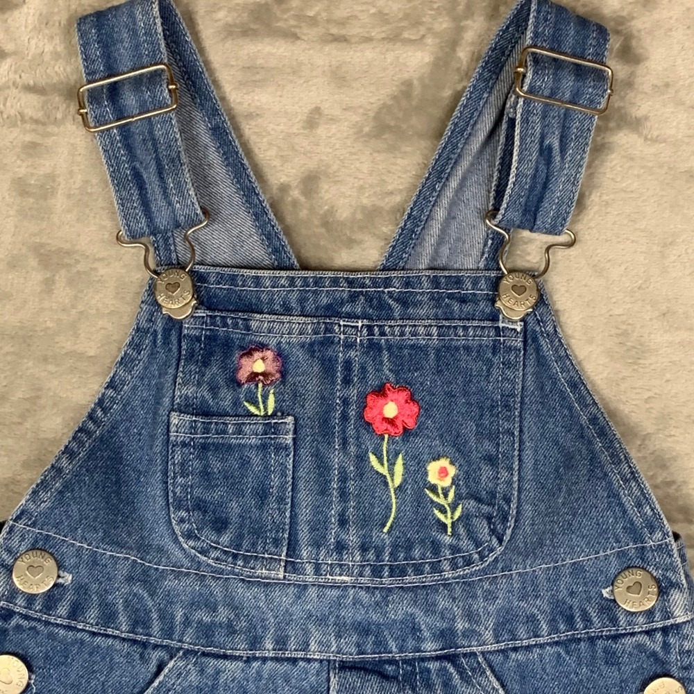 VTG Y2K Young Hearts Toddler 2T Denim Shortalls Floral Cherry Embroidered Garden - Picture 2 of 9